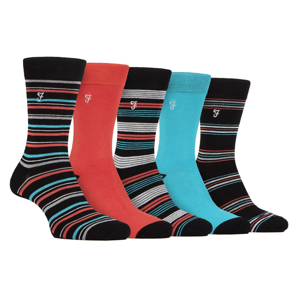 (6-11 UK, Black / Red) Farah - Mens 5 Pack Natural Organic Bamboo Striped Patterned Socks