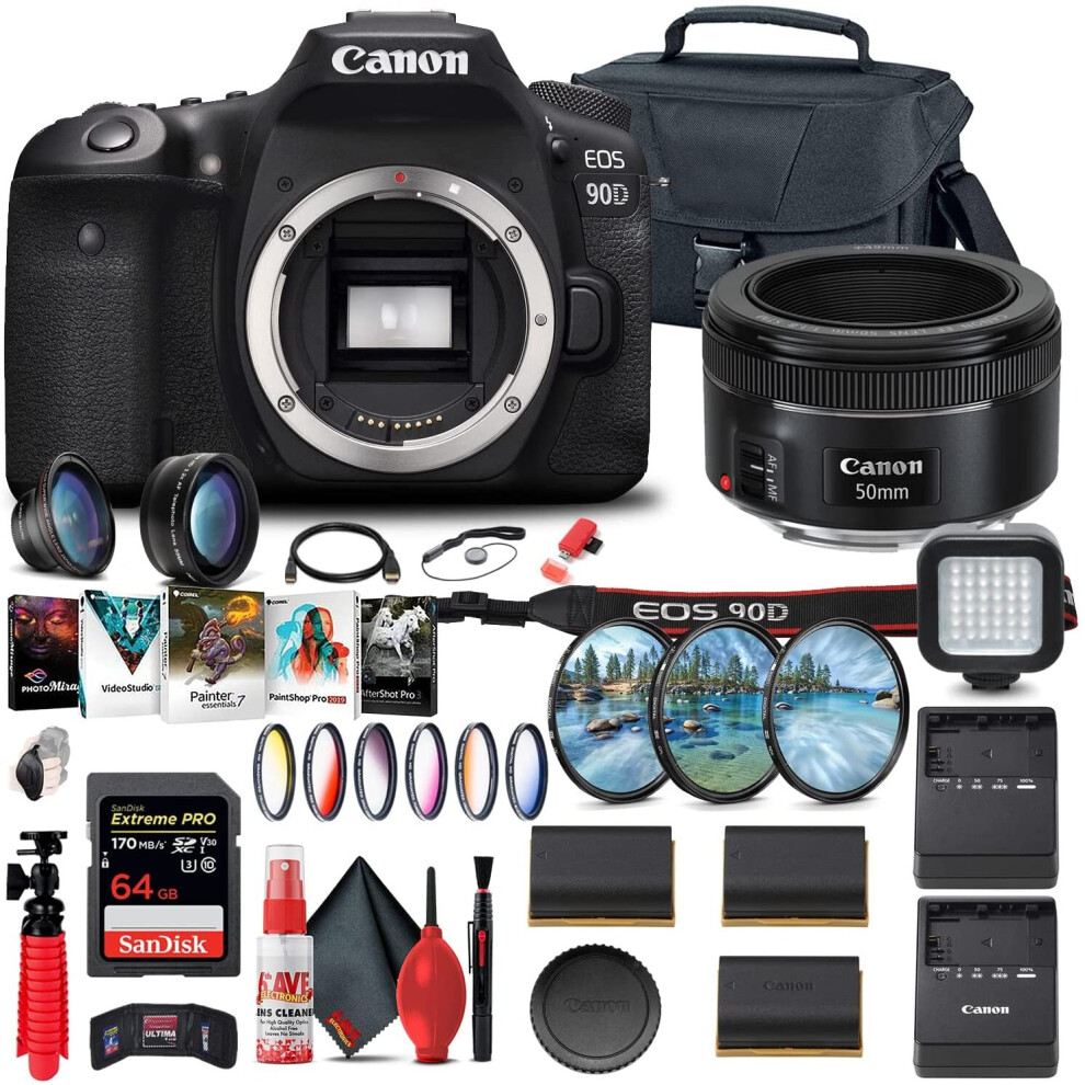 Canon EOS 90D DSLR Camera (Body Only) (3616C002) + Canon EF 50mm Lens + 64GB Card + Case + Filter Kit + Corel Photo Software + 2 ..