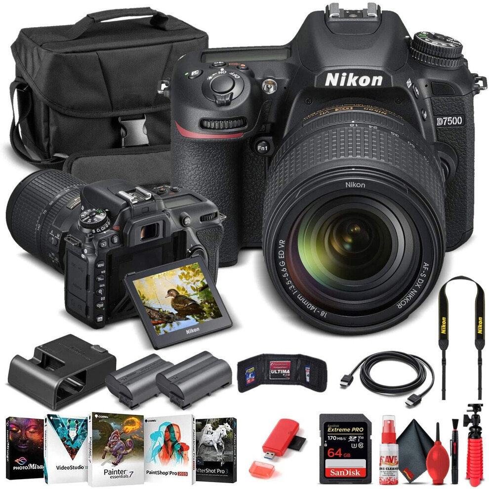 Nikon D7500 DSLR Camera with 18-140mm Lens (1582) + 64GB Memory Card + Case + Corel Photo Software + EN-EL 15 Battery + Card ..