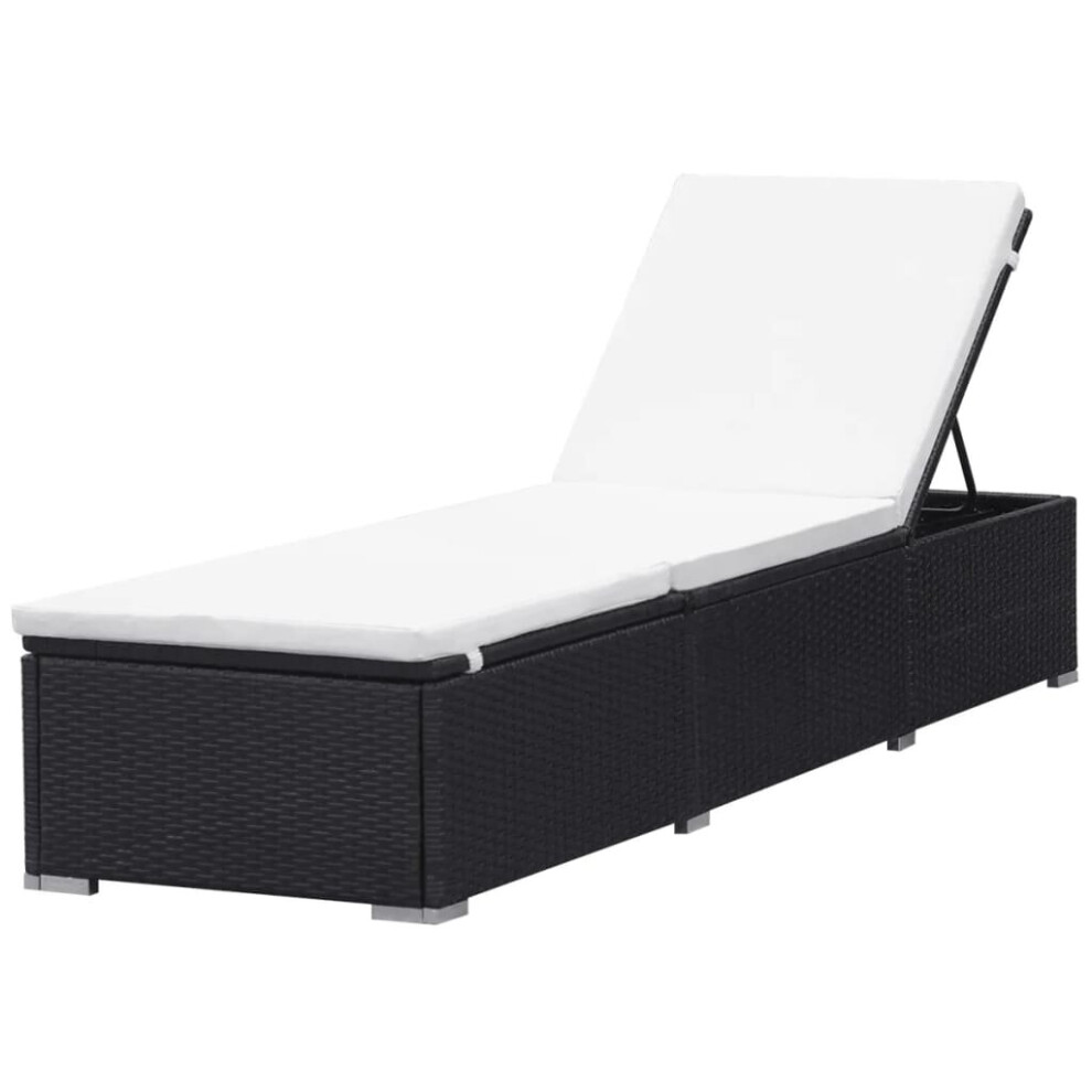 vidaXL Sun Lounger with Cream White Cushion Poly Rattan Black Patio Lounge Bed