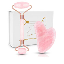 Rose Quartz Jade Roller & Gua Sha Set, Natural Anti-Aging Face Roller for Eye Puffiness Treatment, Skin Tightening and Slimming & Firming.