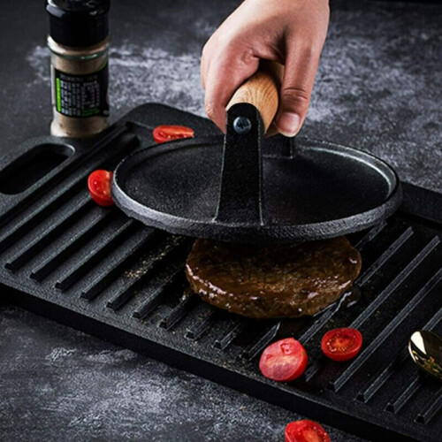 Kitchen Round Cast Iron Grill Meat Press Tool Steak Bacon Burger Press