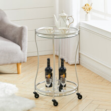 Round Glass Drinks Serving Trolley Cart Food Liquor Wine Shelf Side Table 2-Tier