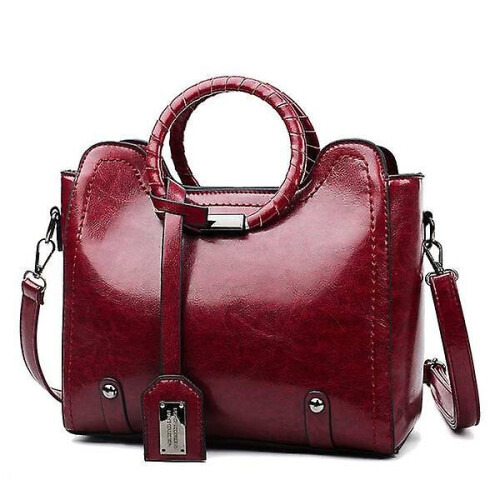 (Red) Women Oil Wax Leather Handbag Vintage Luxury Ladies Shoulder Bag Tote Bag