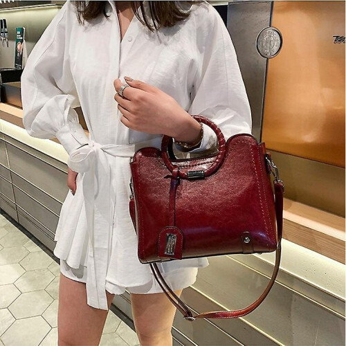 (Red) Women Oil Wax Leather Handbag Vintage Luxury Ladies Shoulder Bag Tote Bag 1