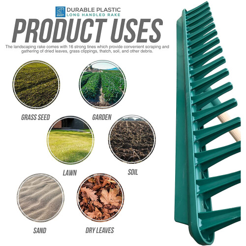 Large Garden Rake Head 120cm Handle Heavy Duty Plastic 16 Teeth Soil 2