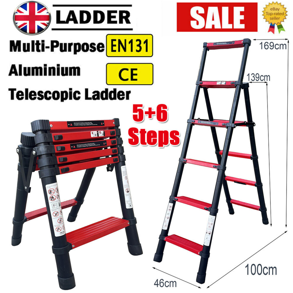 Portable 5+6 Step Heavy Duty Aluminium Telescopic Ladder Extendable UK
