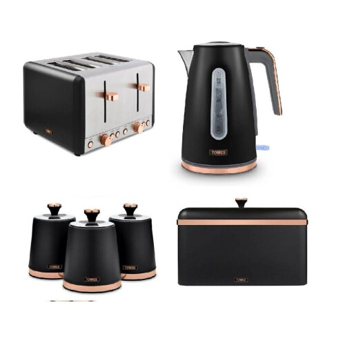Tower Black Rose Gold Cavaletto Kettle 4 Slice Toaster Bread bin