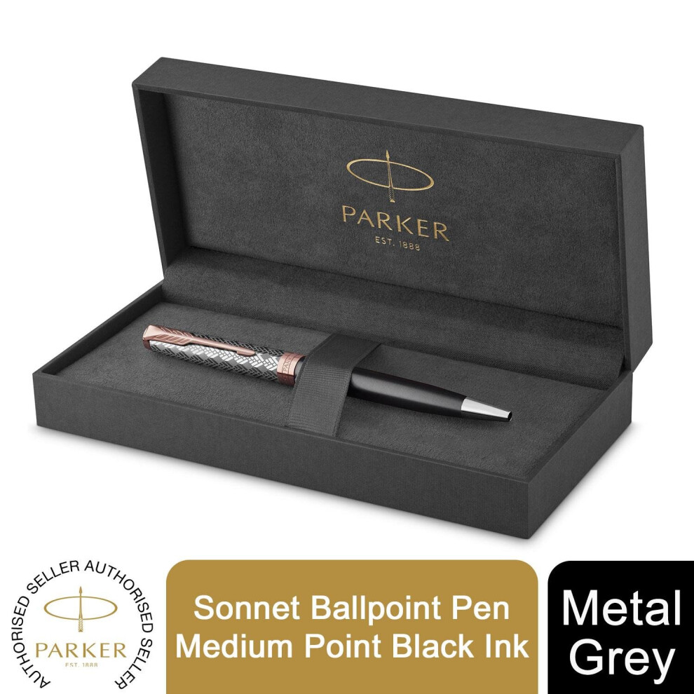 Parker Sonnet Ballpoint Pen Grey Satin Rose Gold Trim Medium Black Ink
