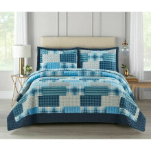 (Check Denim-Blue, Super King) 3 Piece Patchwork Bedspread Quilted Throw Double & King Size Printed Bedding Set