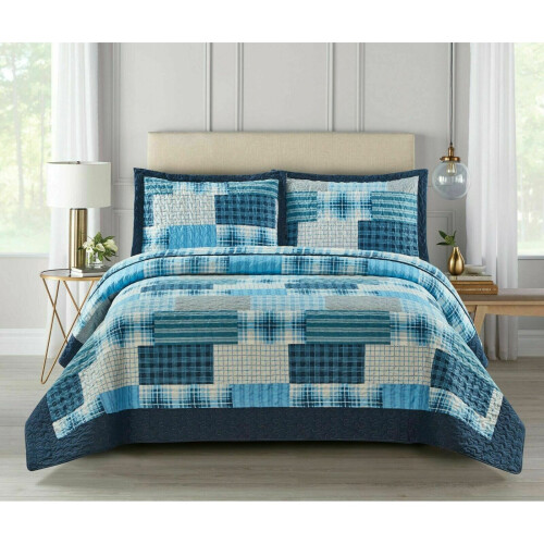 (Check Denim-Blue, Double) 3 Piece Patchwork Bedspread Quilted Throw Double & King Size Printed Bedding Set