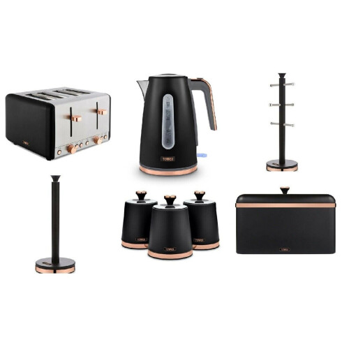 Tower Black Cavaletto Jug Kettle 4 Slice Toaster Breadbin Canisters TowelPole Mug Tree
