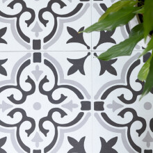 STENCIL MOTIF GREY peel and stick vinyl floor tiles (30.48cm x 30.48cm) pack qty 11 tiles (1sqm)