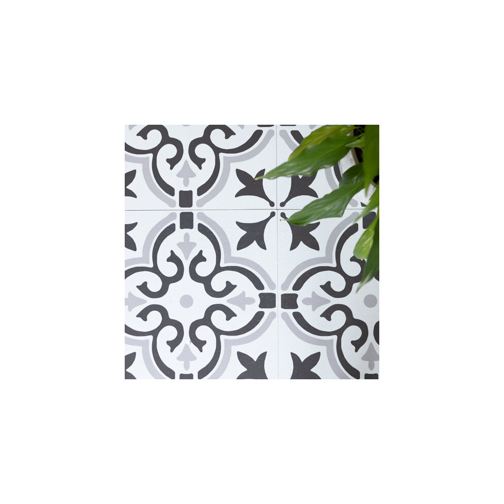 STENCIL MOTIF GREY peel and stick vinyl floor tiles (30.48cm x 30.48cm) pack qty 11 tiles (1sqm)