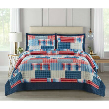 (Check Denim-Red, Single) 3 Piece Patchwork Bedspread Quilted Throw Double & King Size Printed Bedding Set