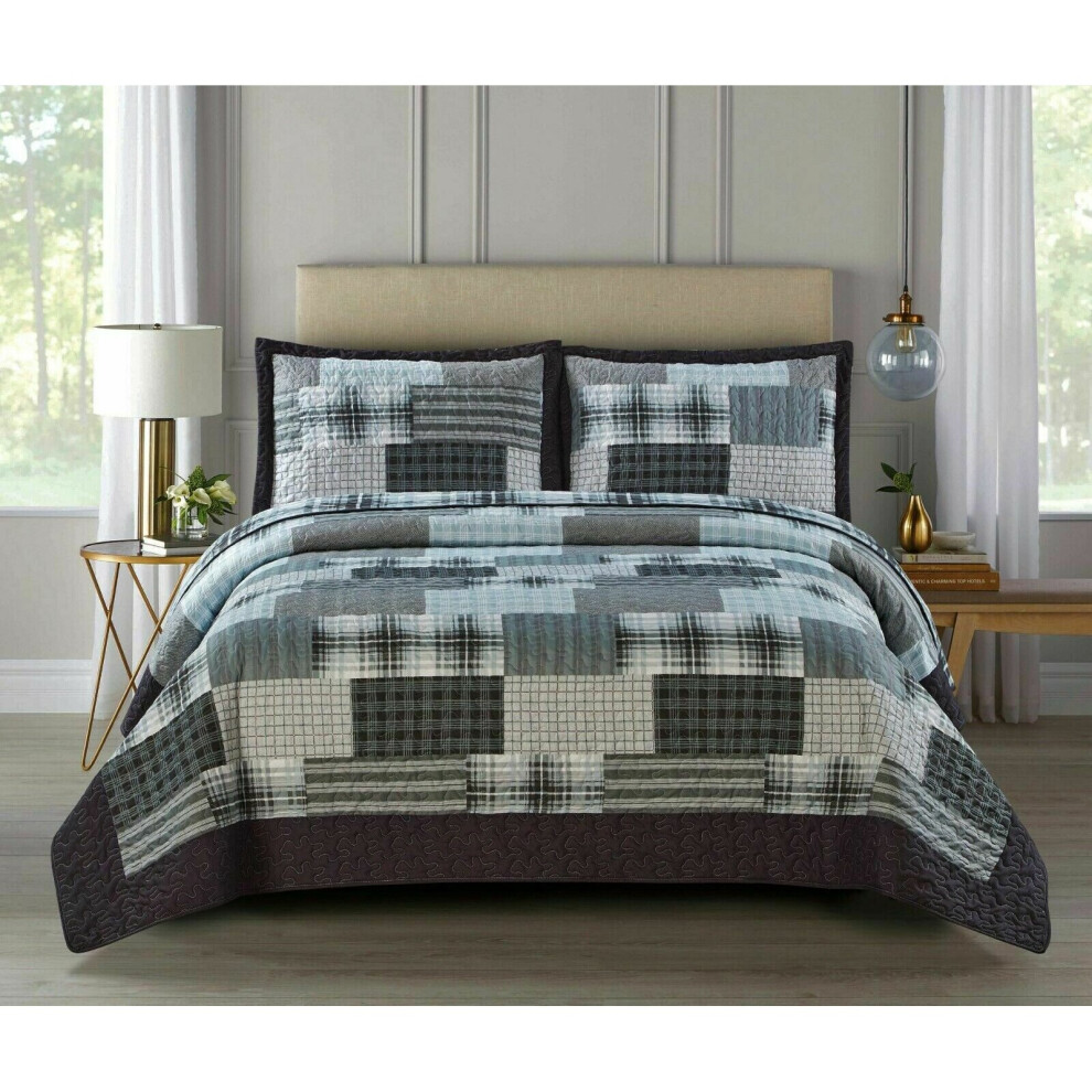 (Check Denim-Grey, King) 3 Piece Patchwork Bedspread Quilted Throw Double & King Size Printed Bedding Set