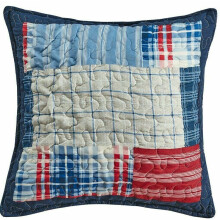 (Check Denim-Red, Filled Cushion 17" x 17") 3 Piece Patchwork Bedspread Quilted Throw Double & King Size Printed Bedding Set