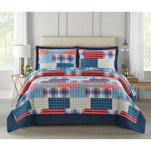 (Check Denim-Red, King) 3 Piece Patchwork Bedspread Quilted Throw Double & King Size Printed Bedding Set