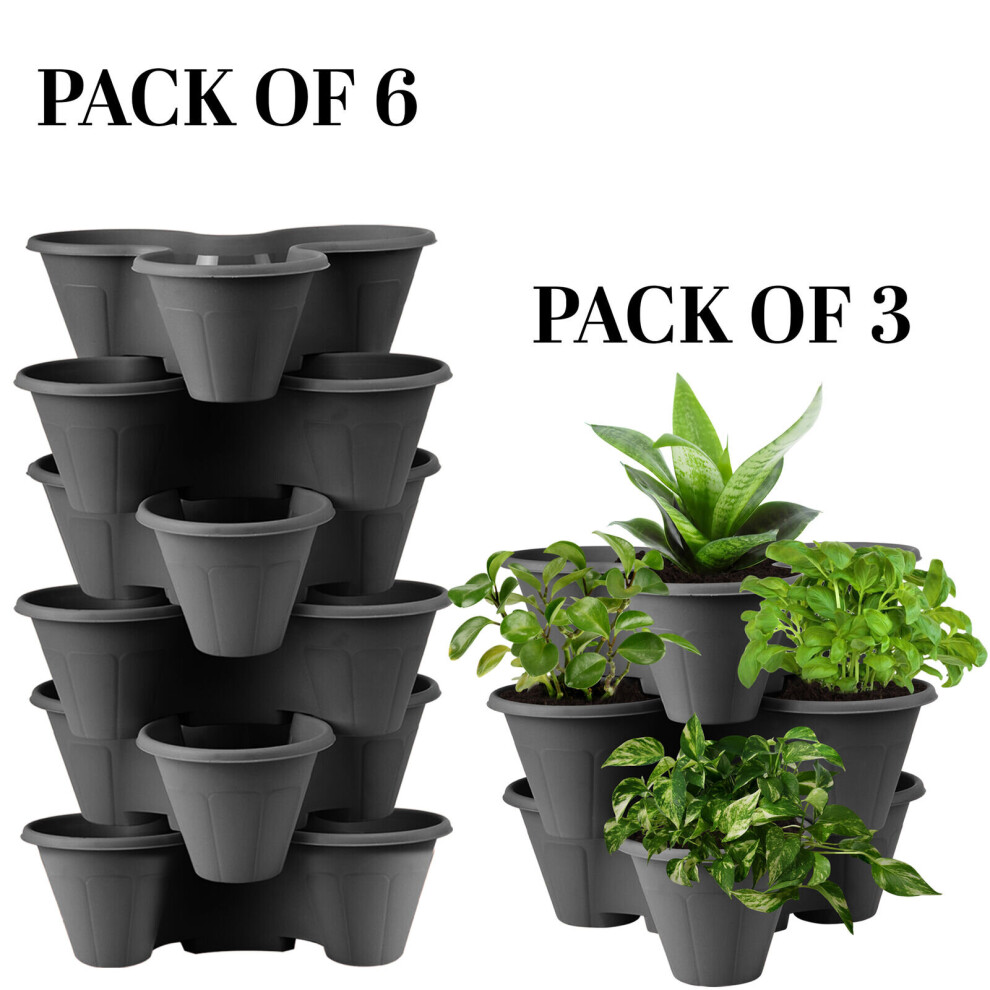 (Grey, Set of 6) 6x Stackable Trio Plant Strawberry Hurb Flower Pot