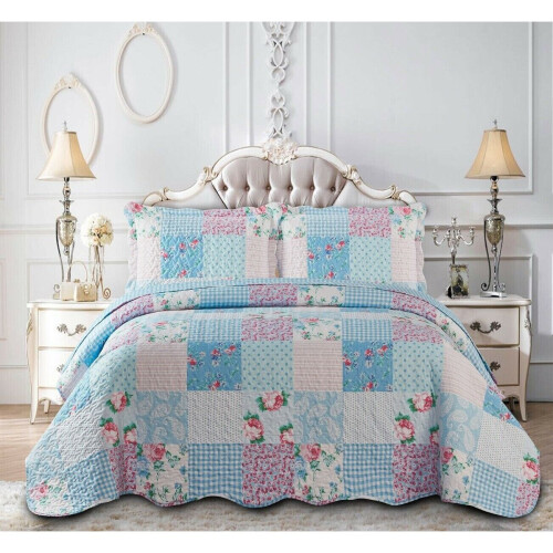 (Floral Blue, Super King) 3 Piece Patchwork Bedspread Quilted Throw Double & King Size Printed Bedding Set