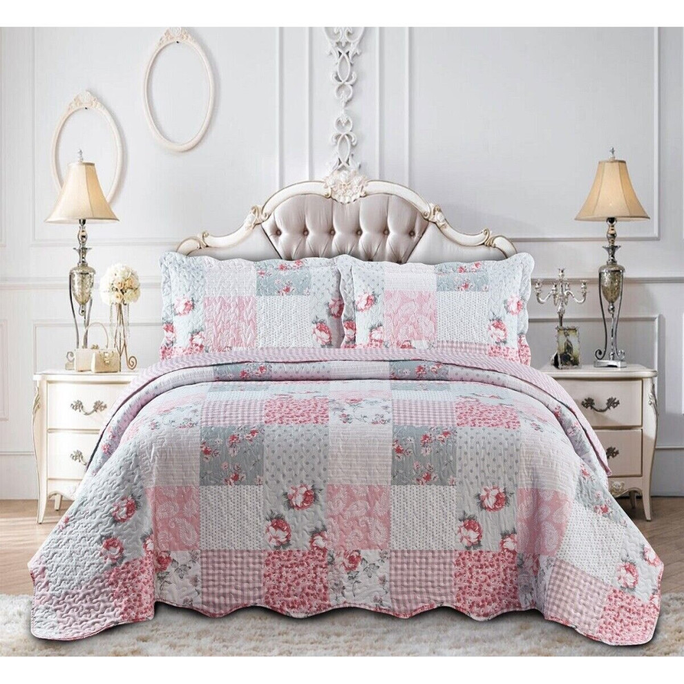 (Floral Grey, King) 3 Piece Patchwork Bedspread Quilted Throw Double & King Size Printed Bedding Set