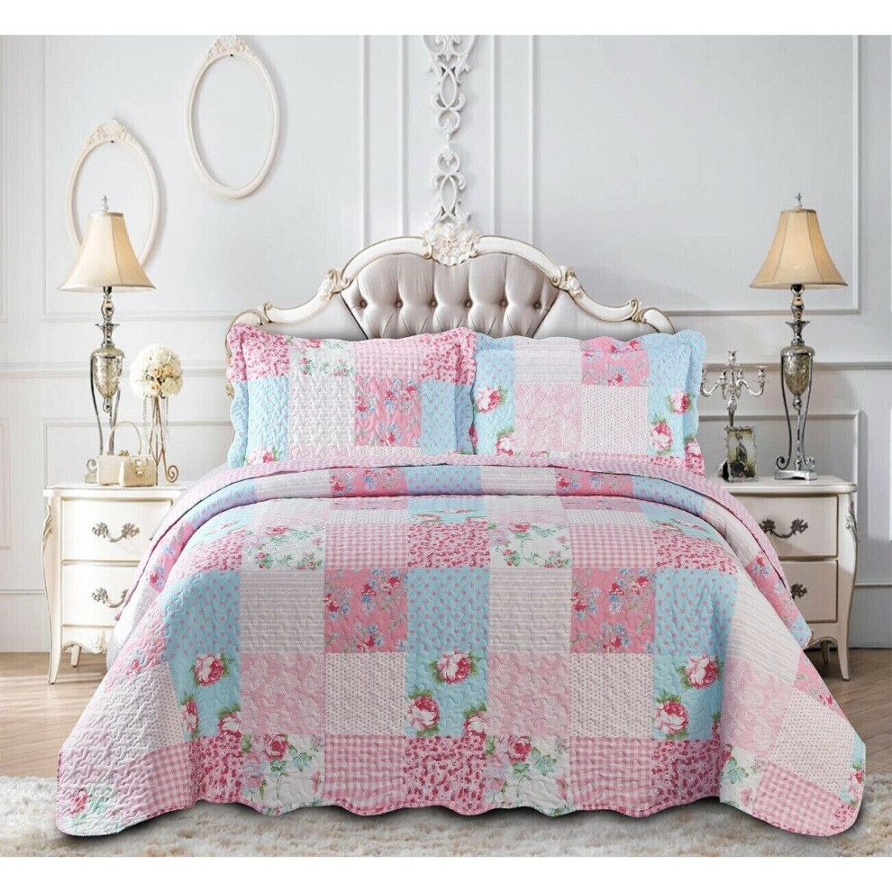 (Floral Pink, Super King) 3 Piece Patchwork Bedspread Quilted Throw Double & King Size Printed Bedding Set