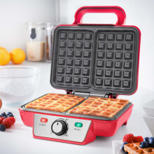Global Gizmos 37579 Two Slice Waffle Maker / Non-Stick Waffle Machine / Adjustable Temperature / Easy Clean Stainless Steel / Cool Touch Handle / Red