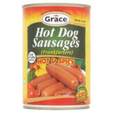 Grace Hot Dog Sausages (Frankfurters) Hot & Spicy 400g (Pack of 12)