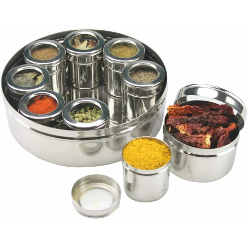 Authentic Indian Spice Tin Stainless Steel Masala Dabba Curry 9pc 2