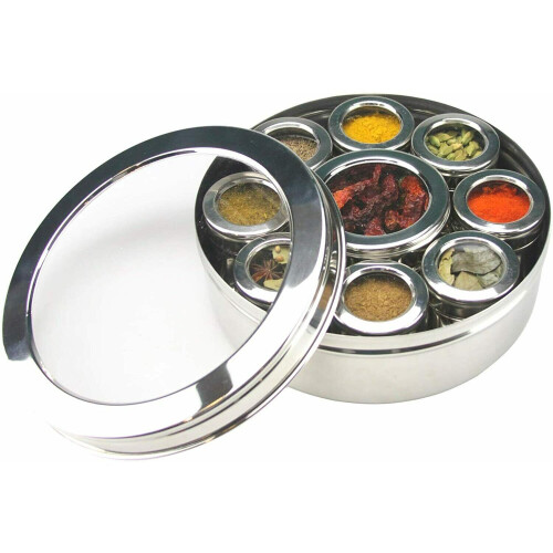 Authentic Indian Spice Tin Stainless Steel Masala Dabba Curry 9pc