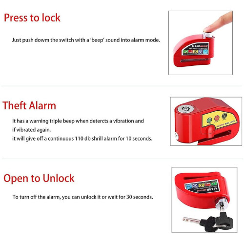 (Red) Disc Brake Lock With 110bd Alarm Motorcycle Anti Theft Security Wheel Disk Lock 2