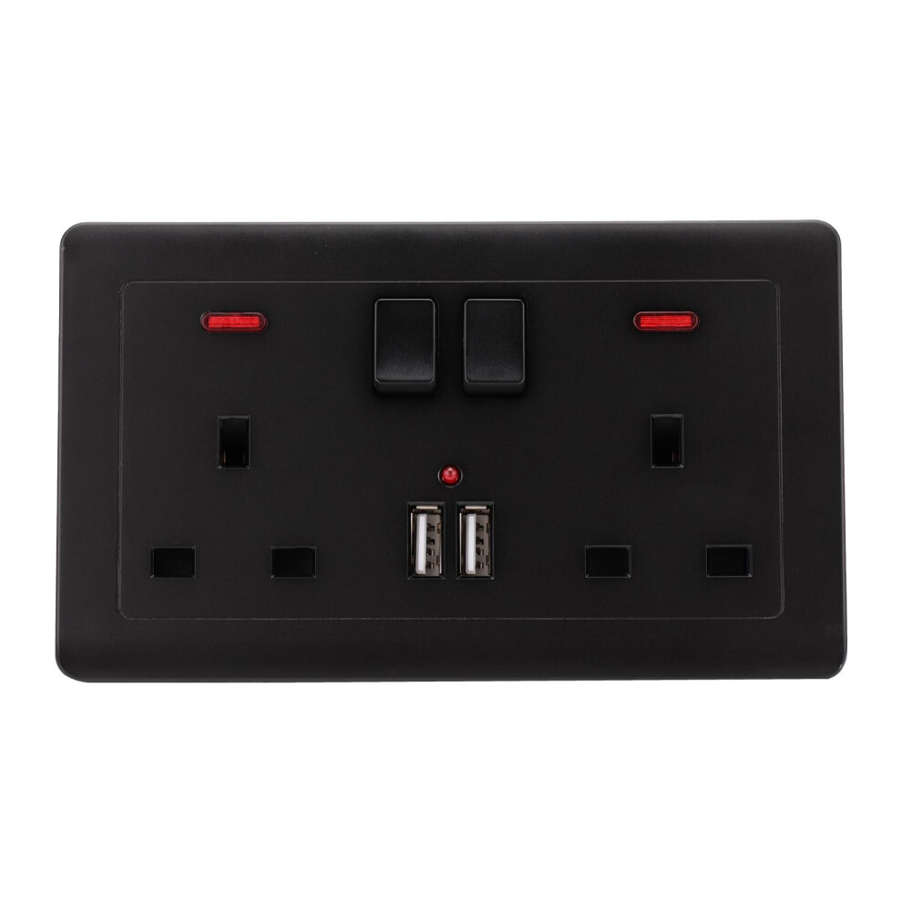 (Black) Double Wall Plug Socket 2 Gang 13A W/ 2 Charger Usb Ports Outlets Flat Plate Uk Black