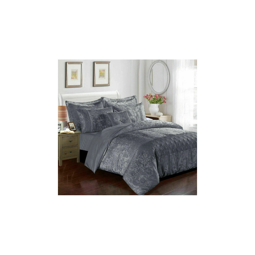 (Grey, Double) Luxury Crushed Velvet SANTIAGO Duvet Cover Bedding