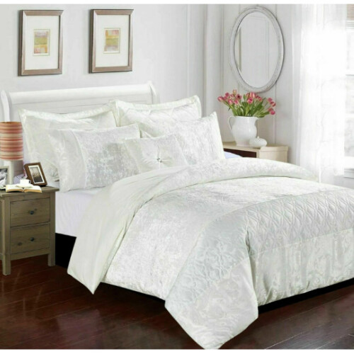 (White, Double) Luxury Crushed Velvet SANTIAGO Duvet Cover Bedding