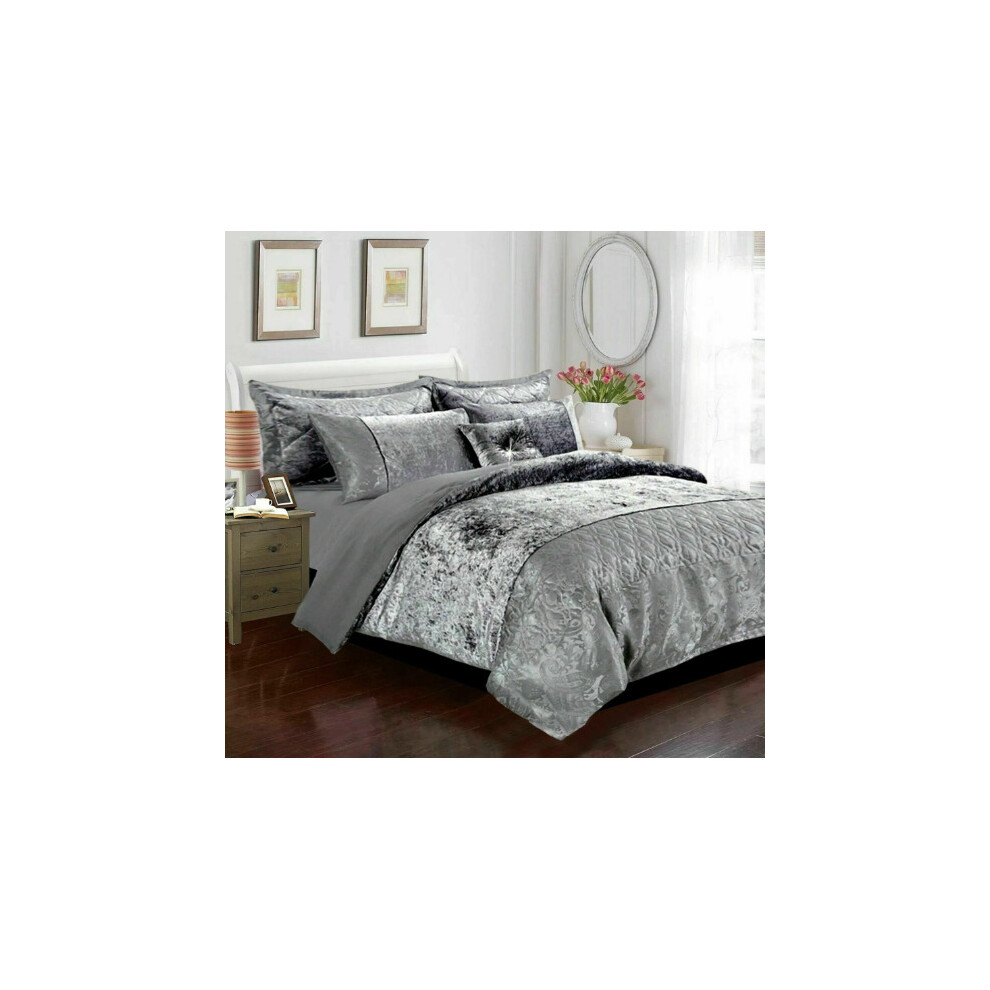 (Silver, Double) Luxury Crushed Velvet SANTIAGO Duvet Cover Bedding