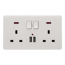 (White) Double Wall Plug Socket 2 Gang 13A w/ 2 Charger USB Ports Outlets Flat Plate UK