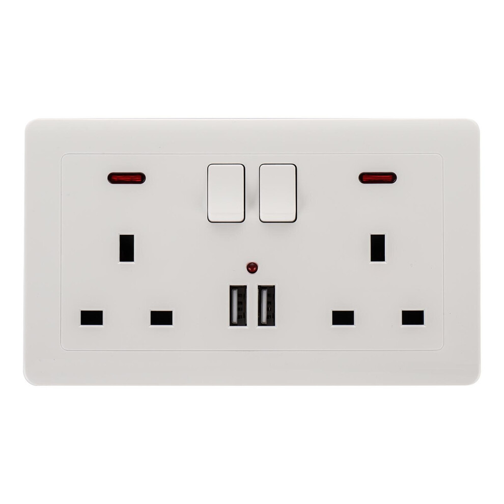 (White) Double Wall Plug Socket 2 Gang 13A W/ 2 Charger Usb Ports Outlets Flat Plate Uk White