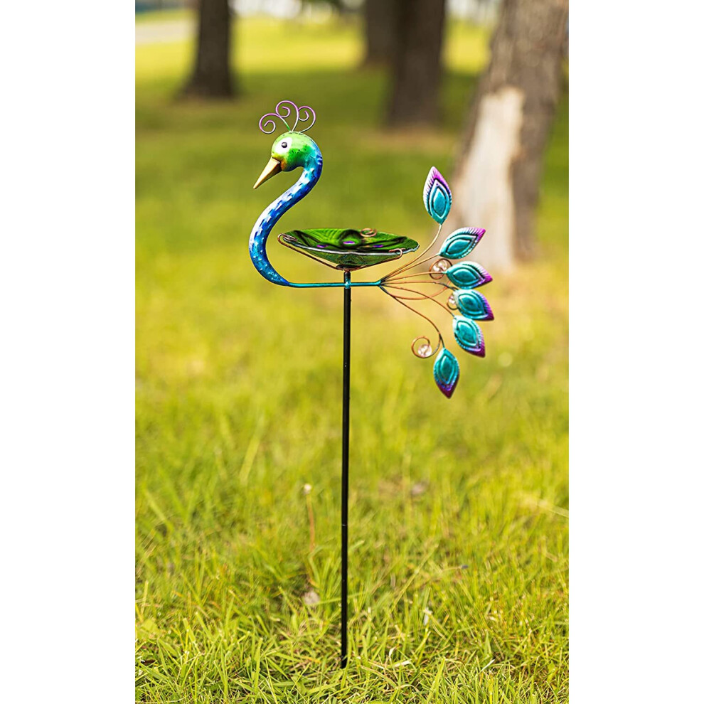 Glass Peacock Birdbath or Feeder with Stake, Hand Painted Bird Bath