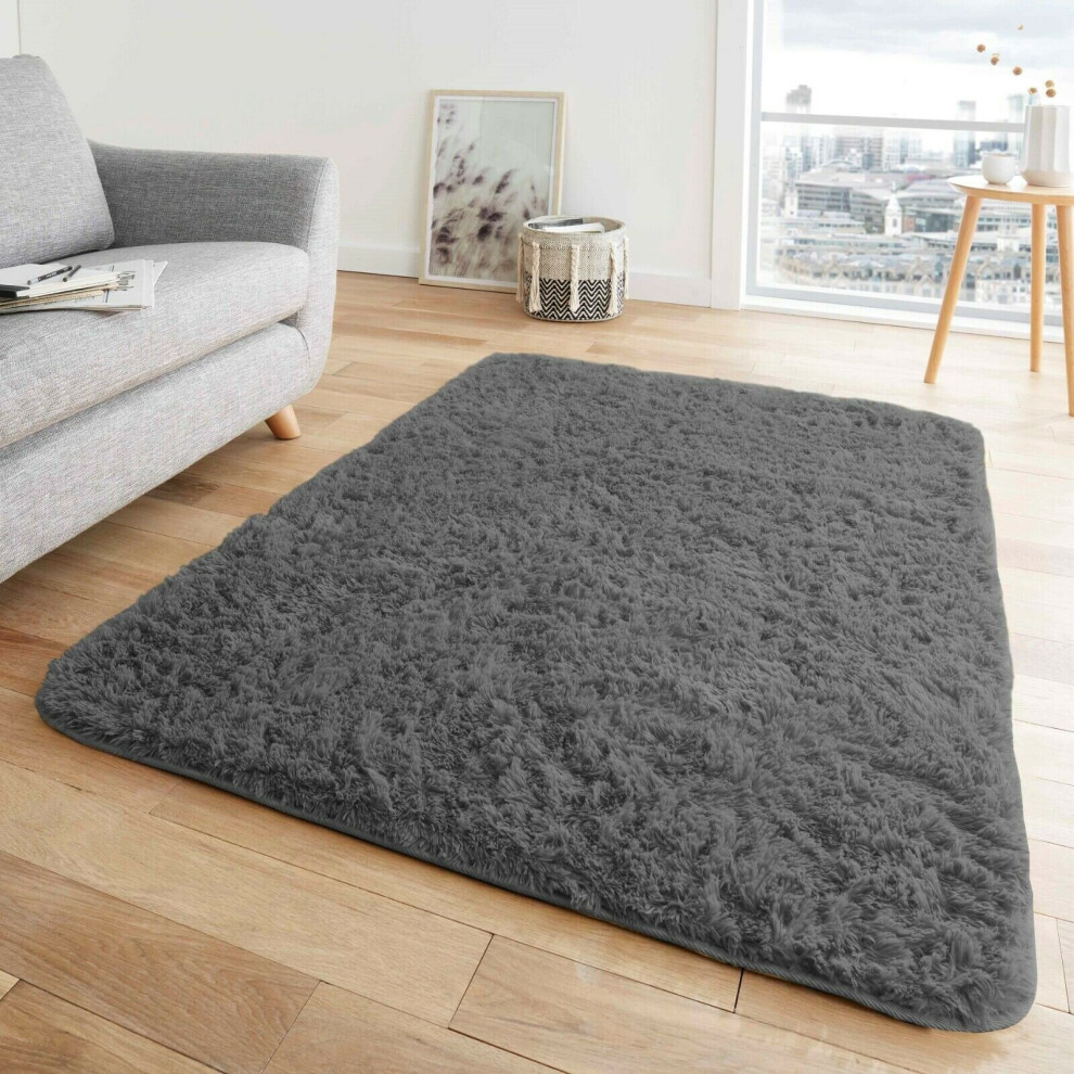 (200 x 290 cm (6'5" x 9'5" Ft), Charcoal) FLUFFY RUG ANTI-SLIP SHAGGY RUGS Large Bedroom