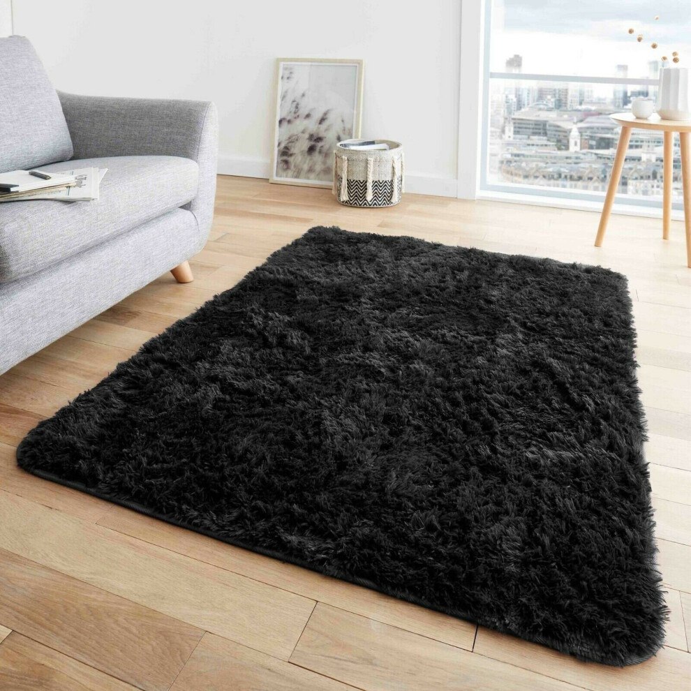 (200 x 290 cm (6'5" x 9'5" Ft), Black) FLUFFY RUG ANTI-SLIP SHAGGY RUGS Large Bedroom