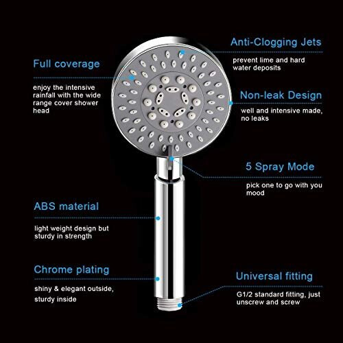 HOUSLER Bathroom 5 Function Handheld Shower Head with Extra Long Hose (2 meter, 78.75inches) and Adjustable Bracket Holder, Chrome 2