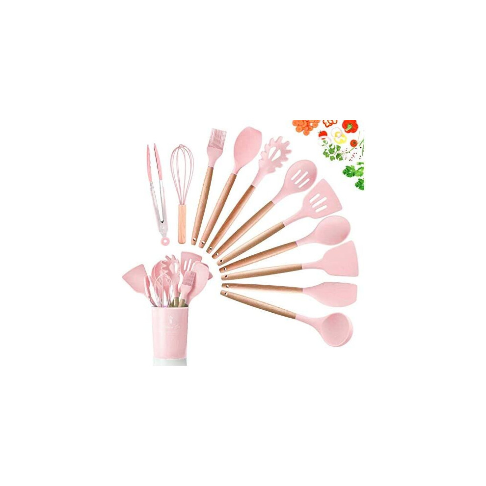 SGAONSN Kitchen Utensil Set, Silicone Cooking Utensils with Natural Wooden Handles,Nonstick Kitchen Tool Turner Tongs (12pcs) Pink-image-OPC-P99PK69-NEW