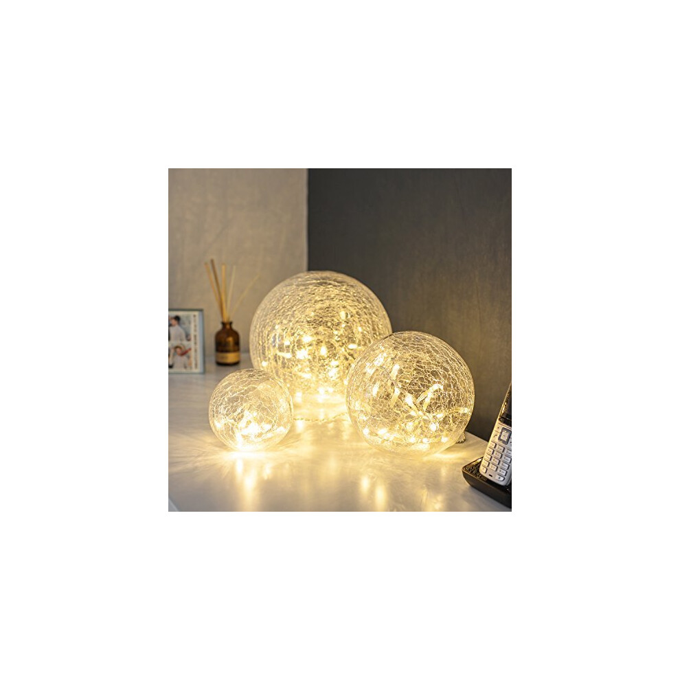 Lights4fun Set of 3 Fairy Light Orbs Crackled Glass Balls Battery Operated Warm White LEDs