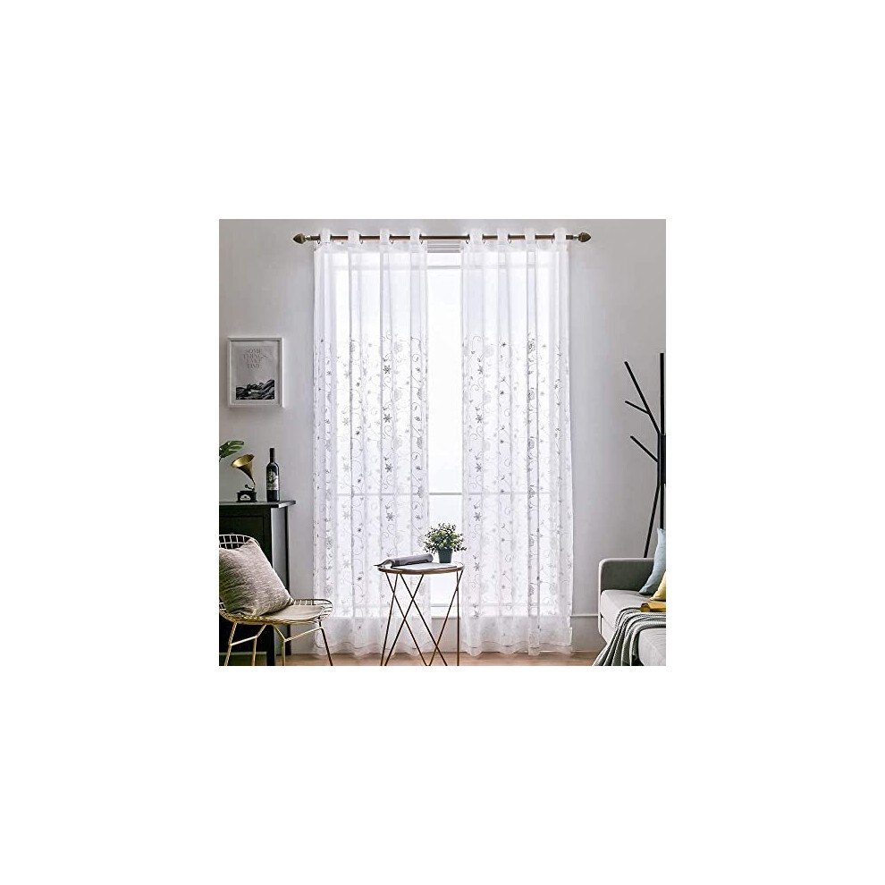 MIULEE 2 Panels Embroidered Sheer Window Flower Design Grommet Curtains Window Voile Panels/Drape/Treatment for Bedroom Living Room Flower 5-image-OPC-P99PMSV-NEW