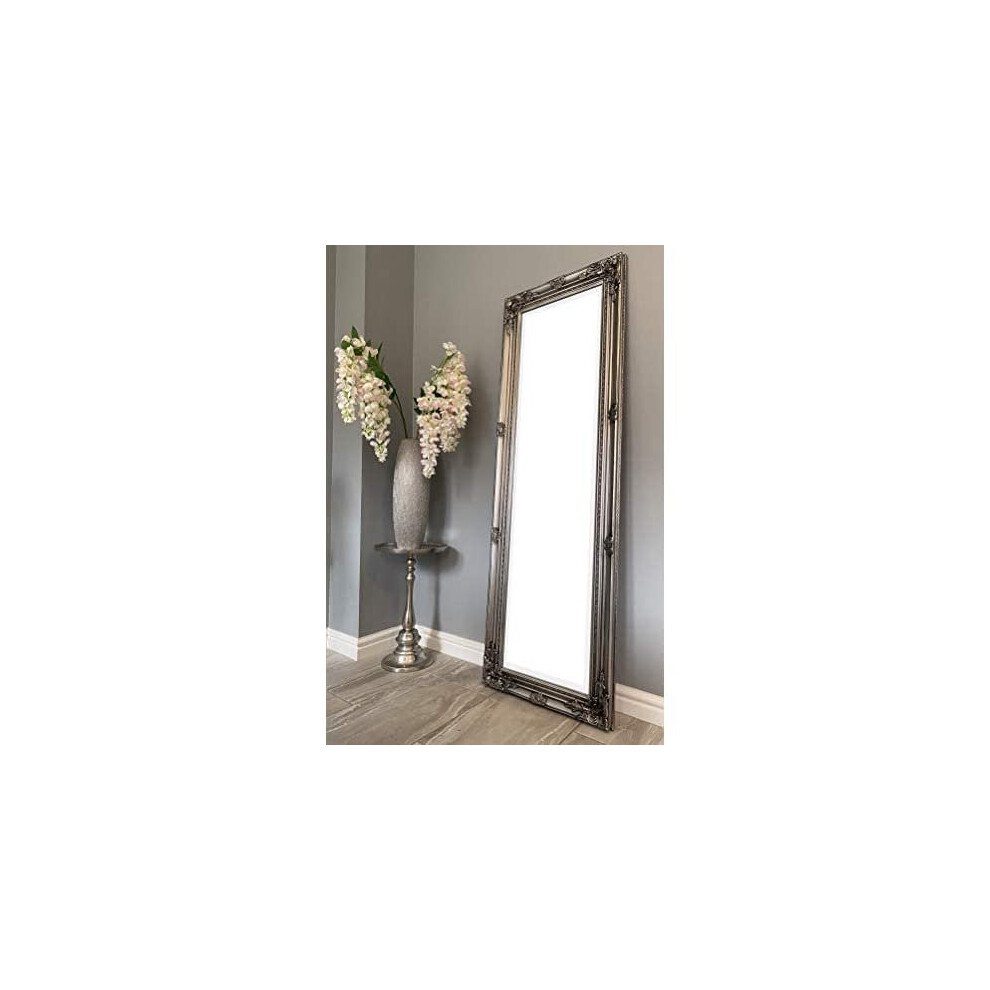 Beautifully Tall & Ornate Antique Silver Vintage Style Dressing Wall Mirror with Bevelled Glass - Overall Size: 56 inches x 18 inches (142 c