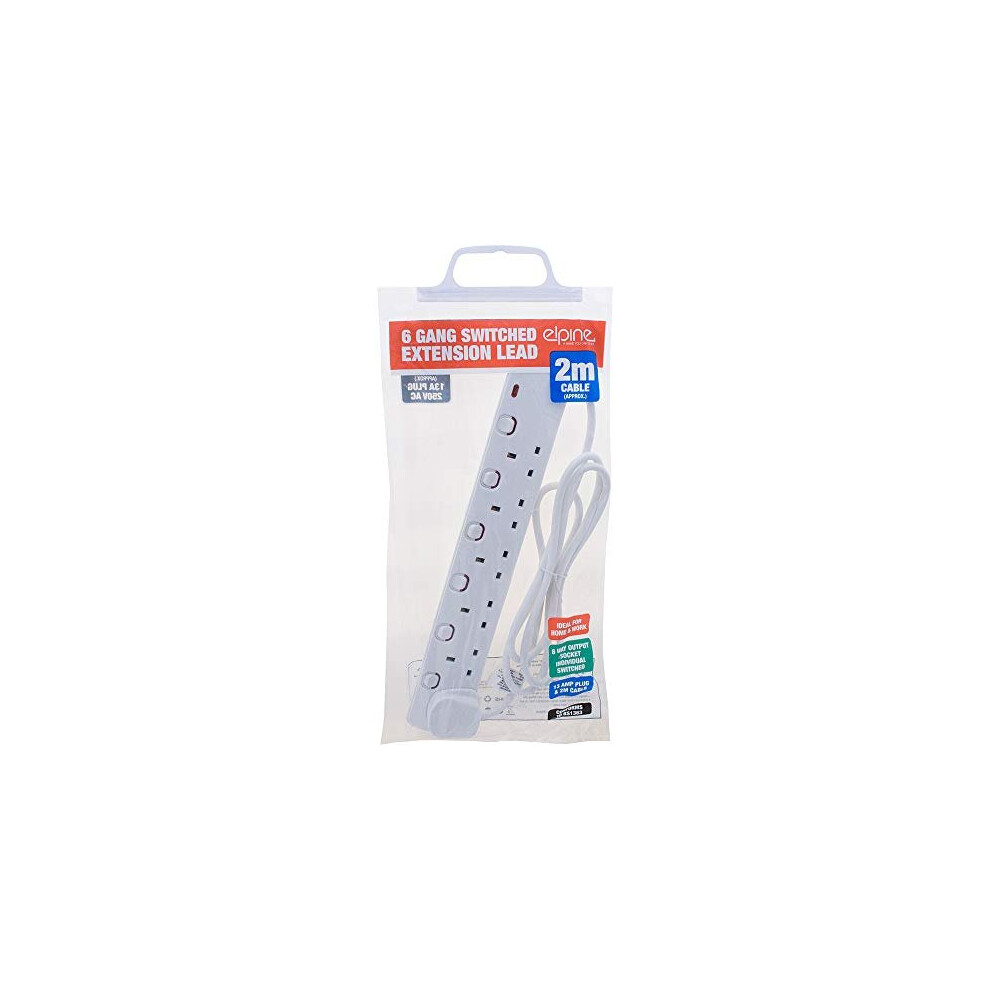 6-Way 2m Switched Extension Lead - UK Plug, 13A, Individual Socket Switches, Wall-Mountable