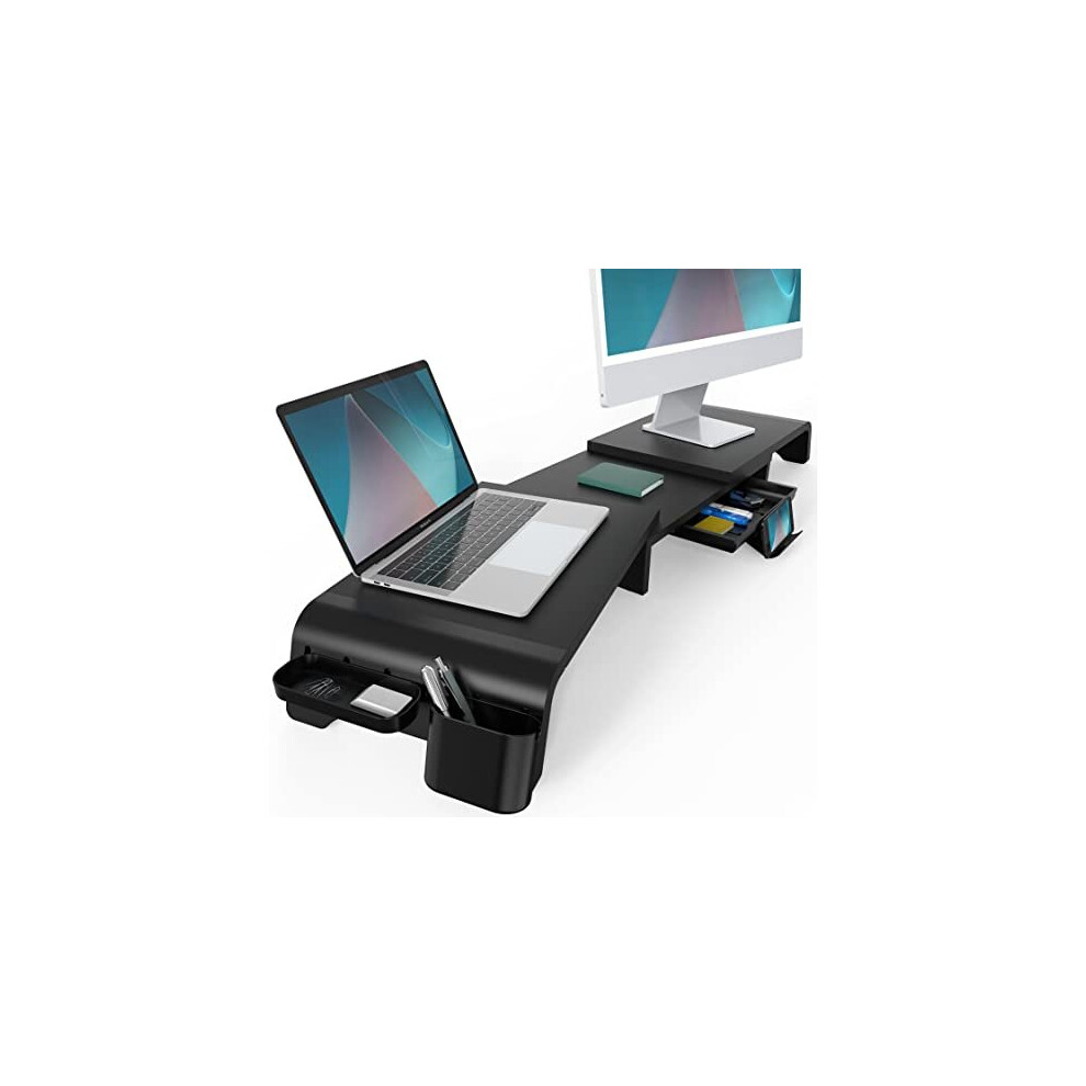 Fenge Dual Monitor Stand Wood Pc Laptop Computer Screen Riser,Monitor Printer Riser For Desks Swivel Length Adjustable,With Drawer,Phone Holder,M 781454376995