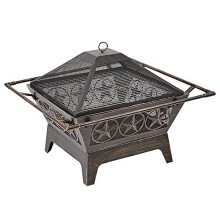 Large Outdoor Steel Fireplace with Mesh Lid - Basket Bowl Fire Pit Brazier - Log, Wood & Charcoal Burner - Garden Patio Heater Grill and Steel Po