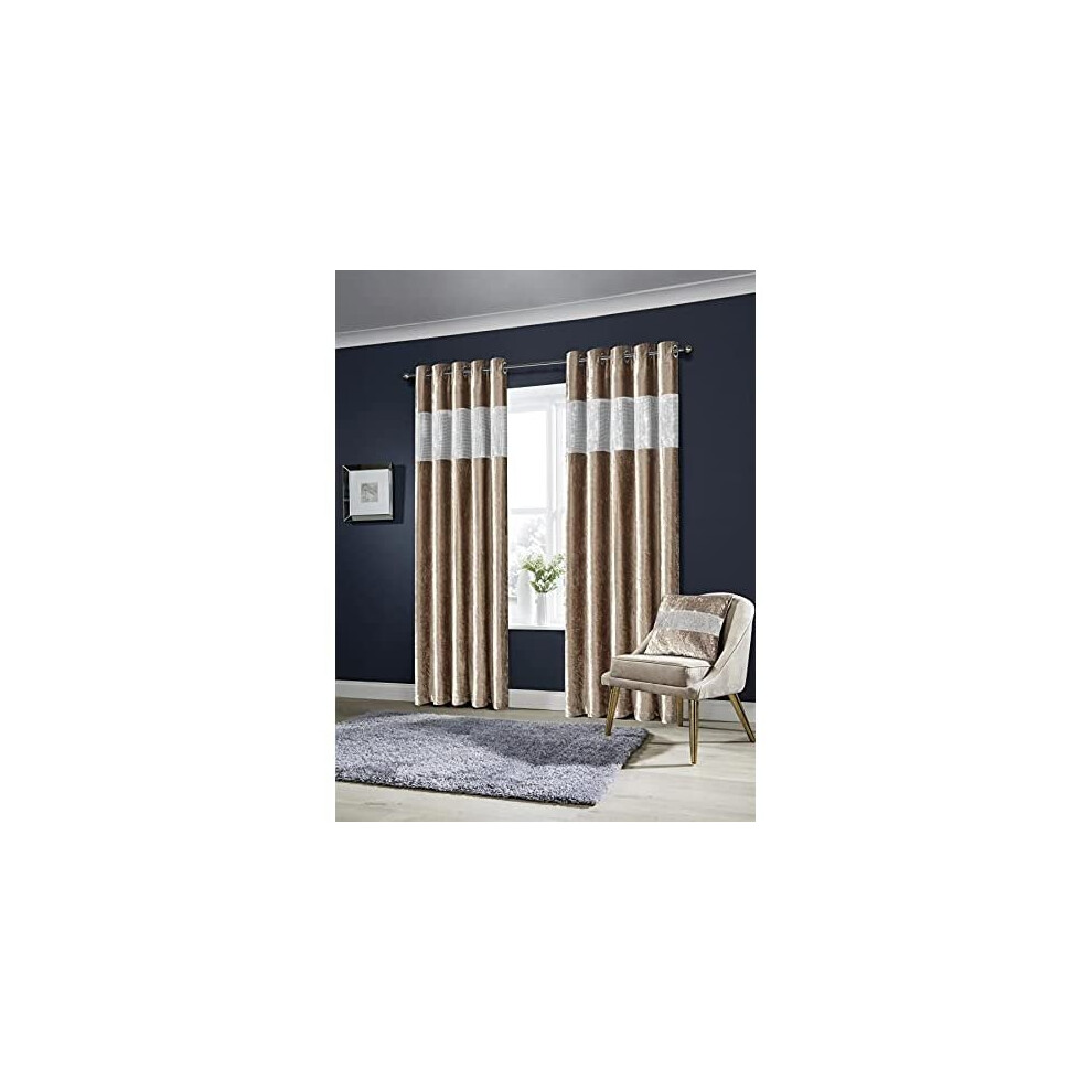Olivia Rocco Diamante Crushed Velvet Curtains Fully Lined Ring Top Eyelet Curtain Pair Window Treatment Living Room Bedroom, Champagne 66"x5