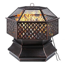 28 Bonfire Pit Patio Fireplace, Backyard/Camping Fire Pit , Hex Metal Fire Bowl Stove with Spark Mesh Cover, Poker, Portable Outdoor Fire Pit S